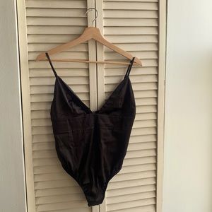 For Love & Lemons Black silk thong bodysuit